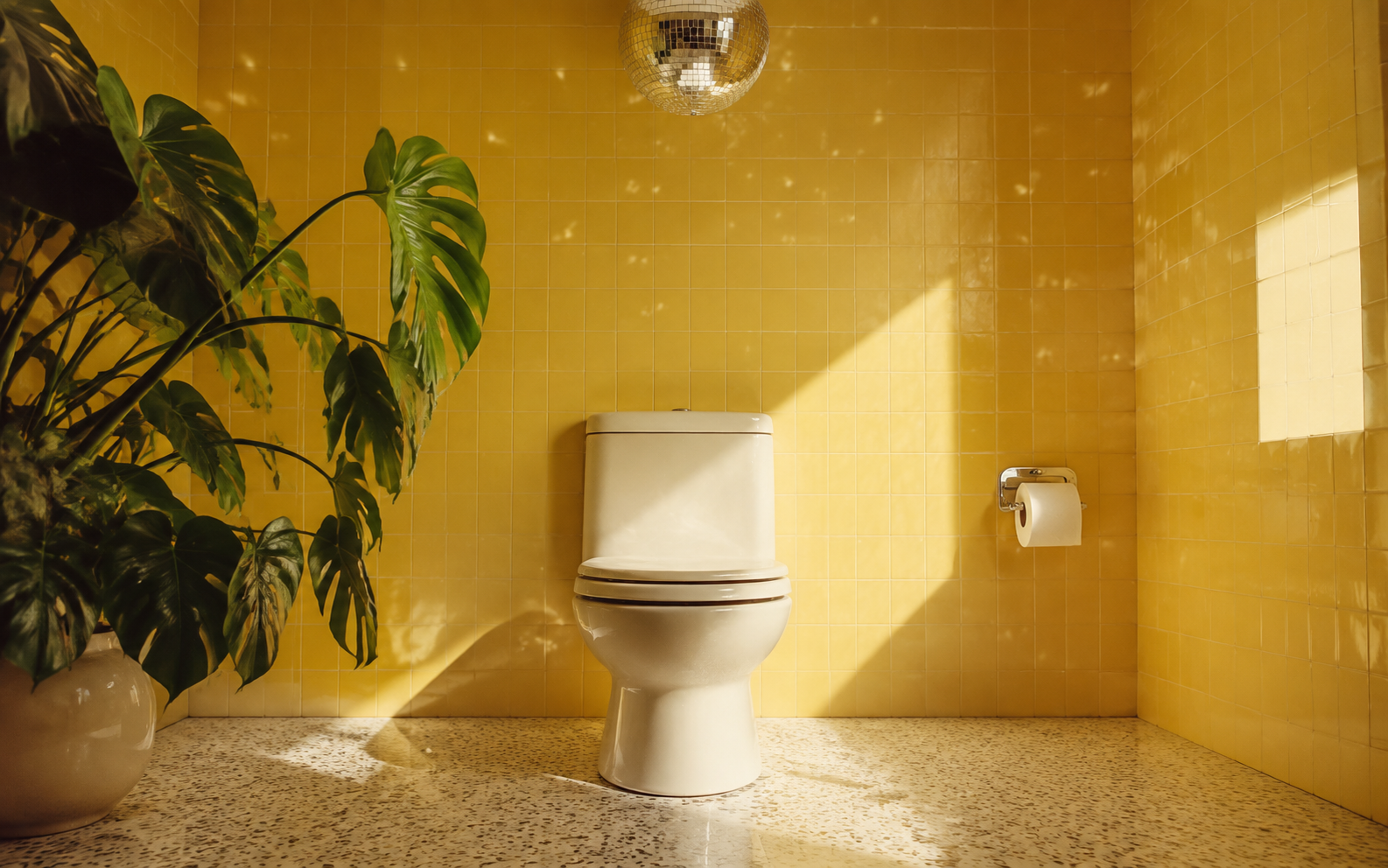 A sunny yellow tiled powder room with a white toilet, tropical plant, and disco ball