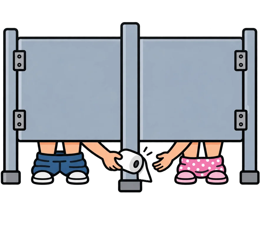 Two people in neighboring bathroom stalls; one passes a roll of toilet paper under the divider.