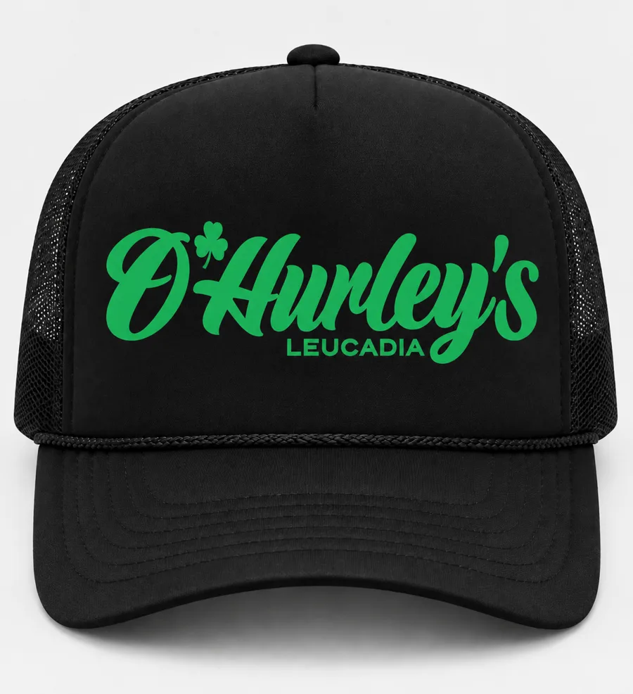 Black foam trucker hat with green script “O’Hurley’s Leucadia” and a shamrock